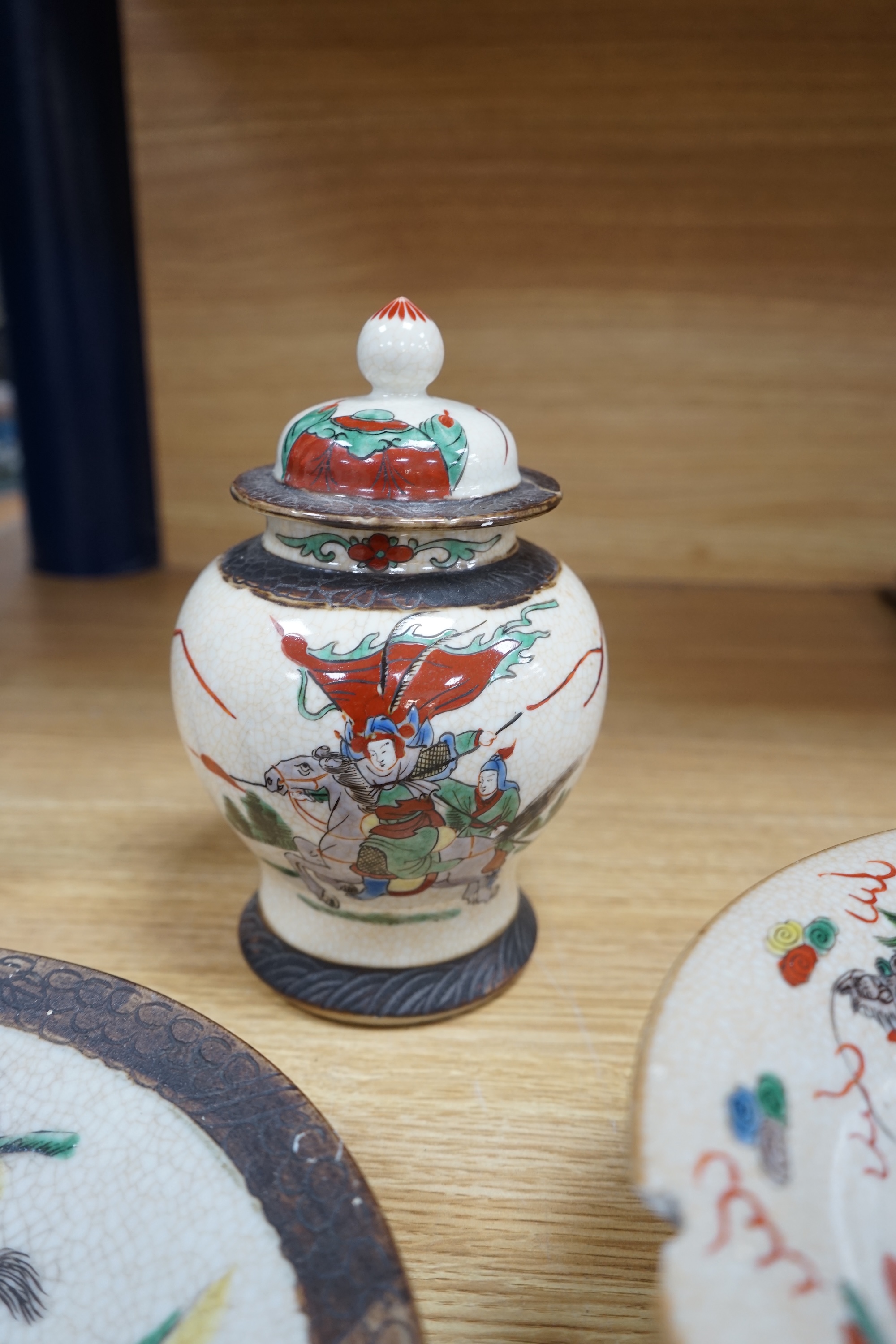 A Chinese crackle glaze bowl, vase and cover and a dish, early 20th century, largest piece 28cm diameter. Condition- fair